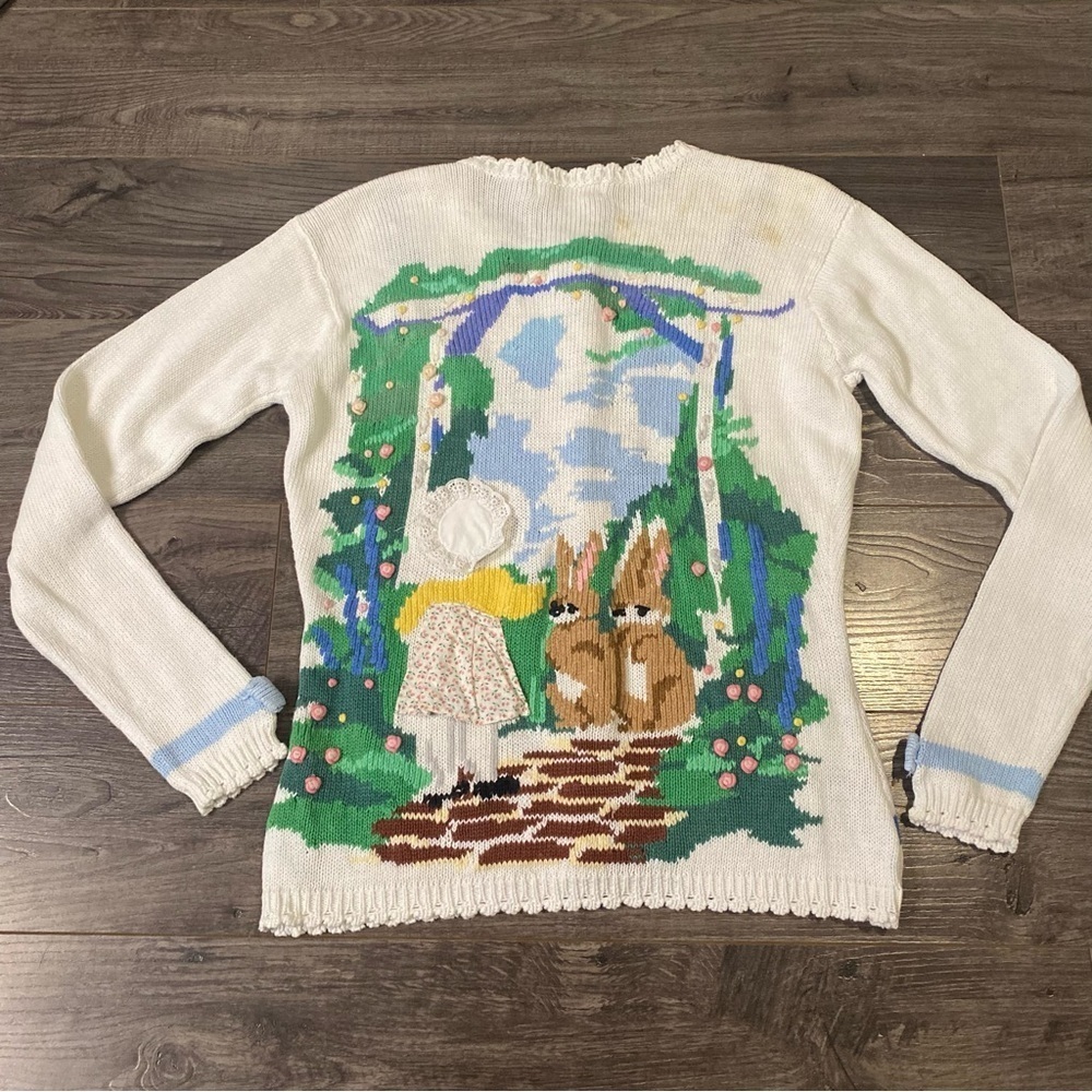 Vintage Eagleeyes Knit sweater Bunny Rabbit Spring time scene - Picture 3 of 11
